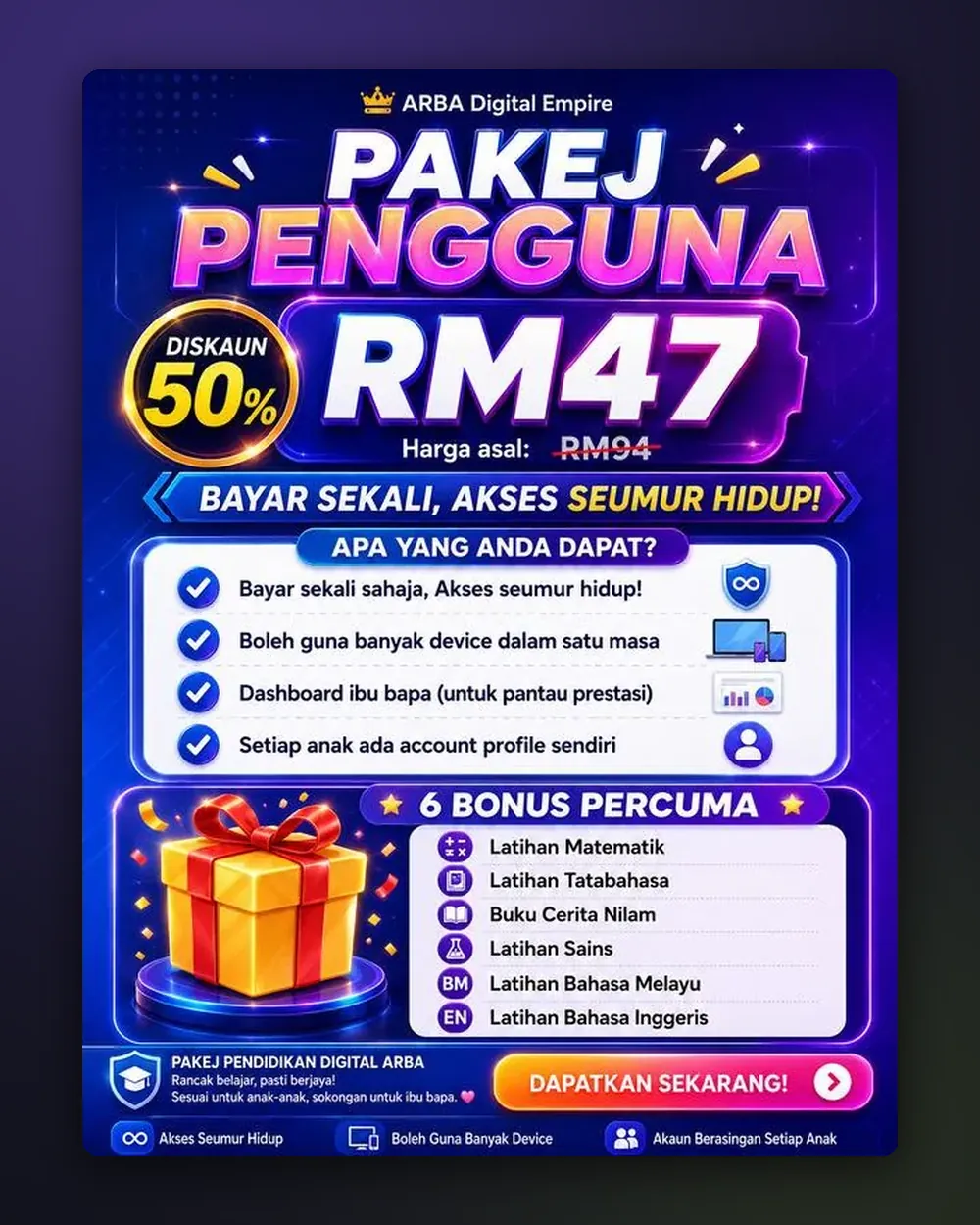 Pakej Pengguna: akses seumur hidup, dashboard ibu bapa dan 6 bonus latihan