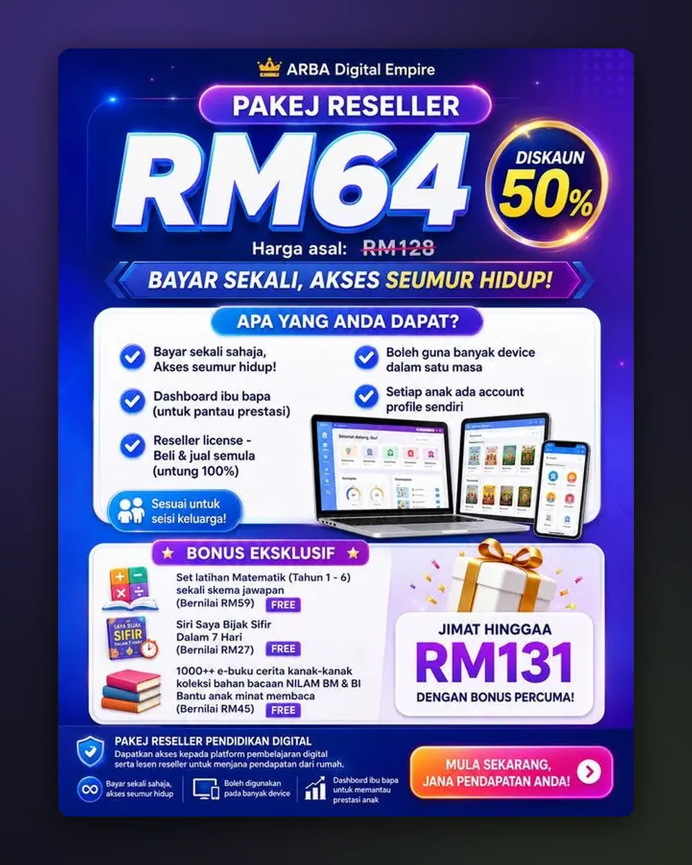 Pakej Reseller: lesen jual semula (untung 100%) dan bonus bernilai RM131