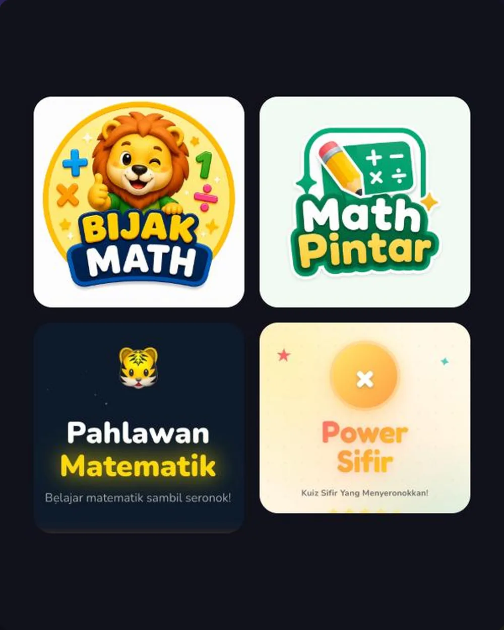 4 aplikasi matematik: Bijak Math, Math Pintar, Pahlawan Matematik dan Power Sifir