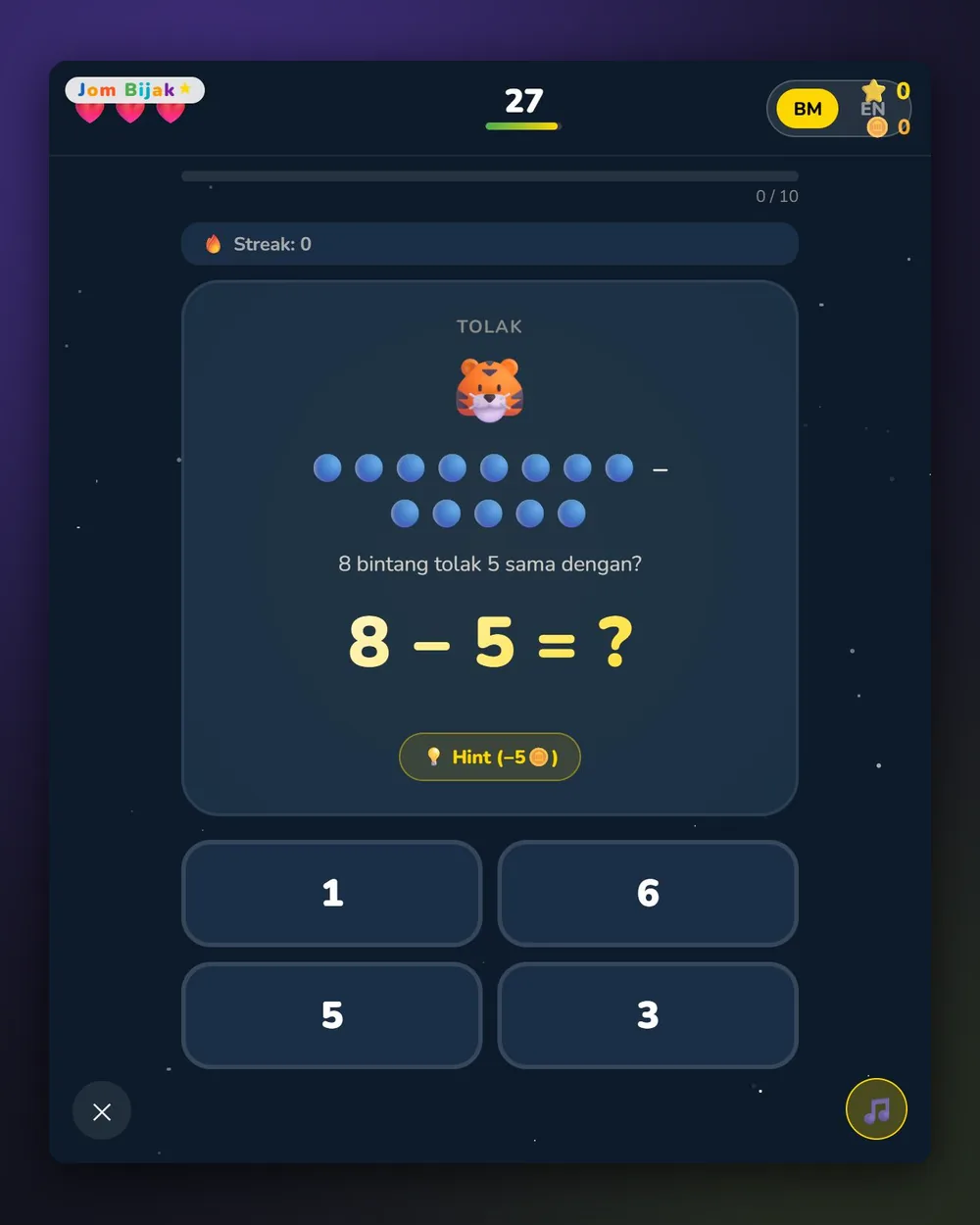 Contoh sebenar Pahlawan Matematik: soalan bergambar, hint, streak dan syiling