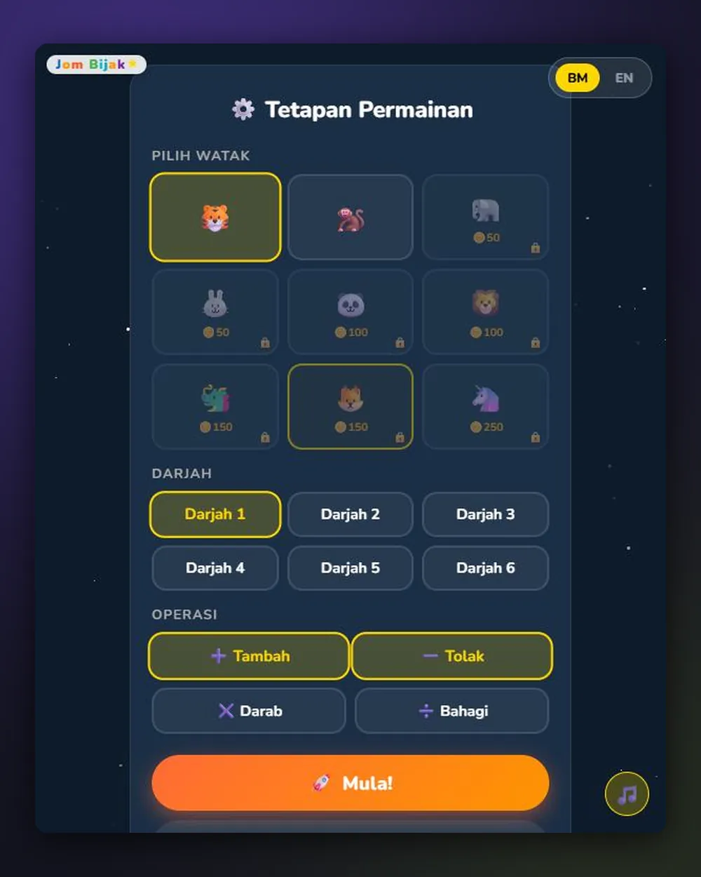 Pilih watak, darjah 1 hingga 6 dan operasi: tambah, tolak, darab, bahagi