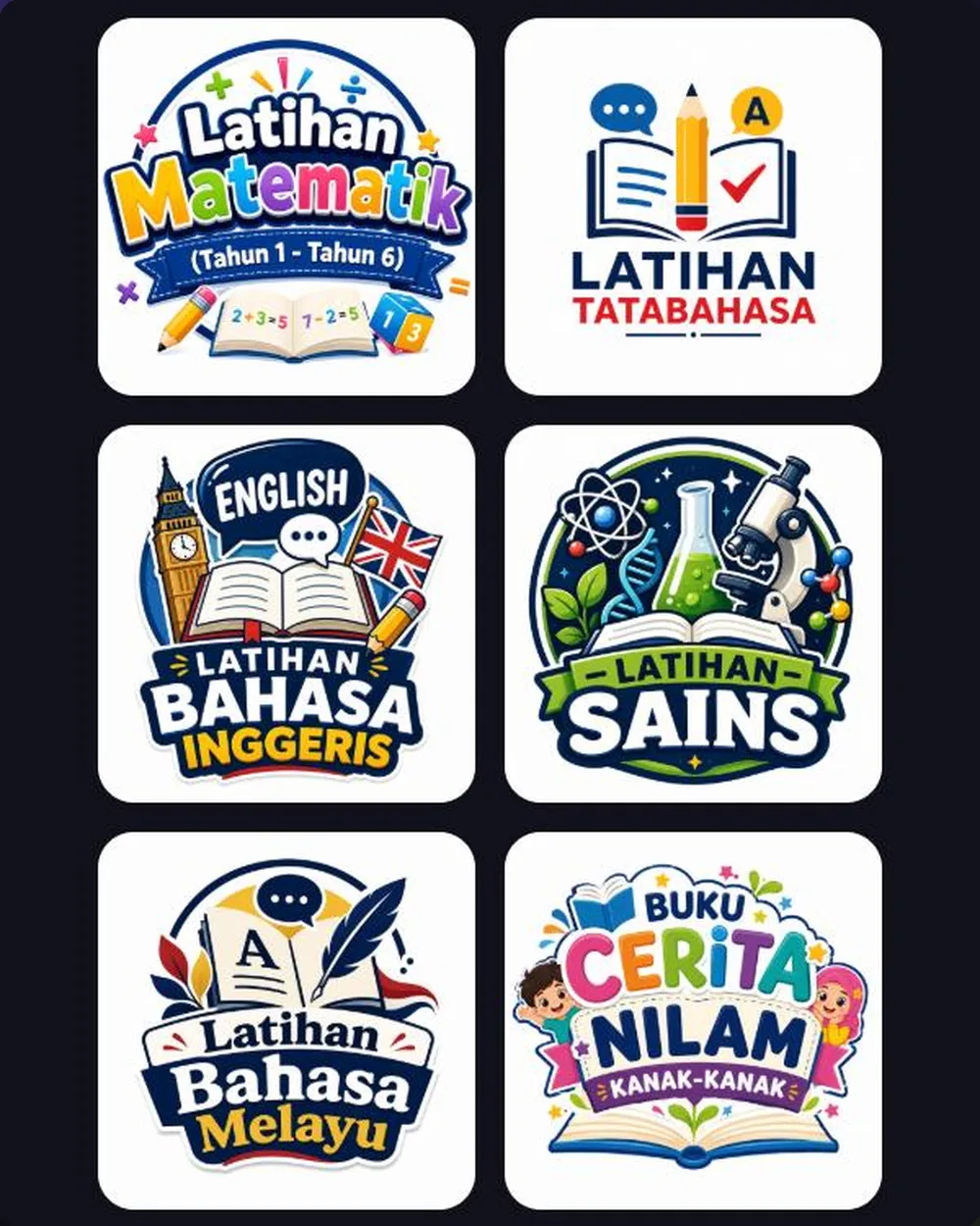 6 bonus latihan: Matematik, Tatabahasa, Bahasa Inggeris, Sains, Bahasa Melayu dan Buku Cerita Nilam