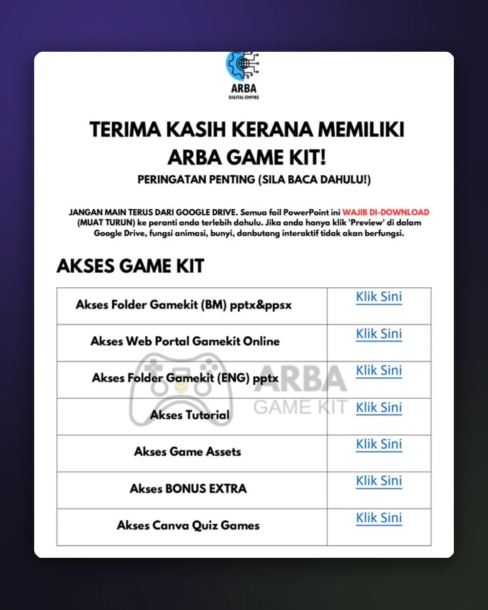 Semua akses dalam satu tempat: folder BM dan BI, web portal, tutorial dan game assets